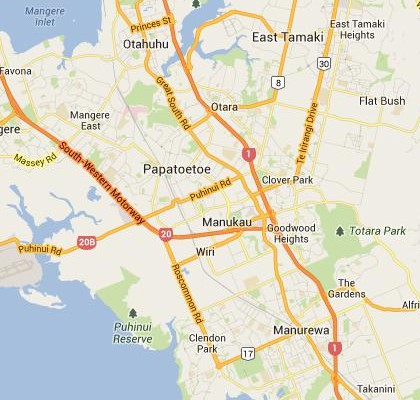 satellite map image of Manukau City, New Zealand shows road/location map